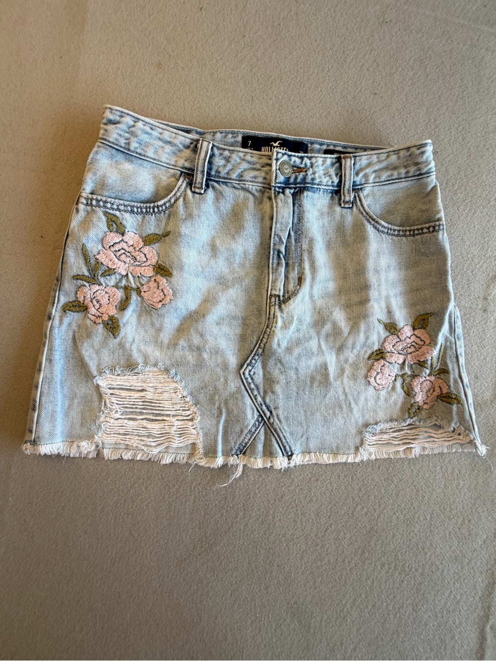 Hollister Light Wash Denim Mini Skirt with Pink Floral Embroidery